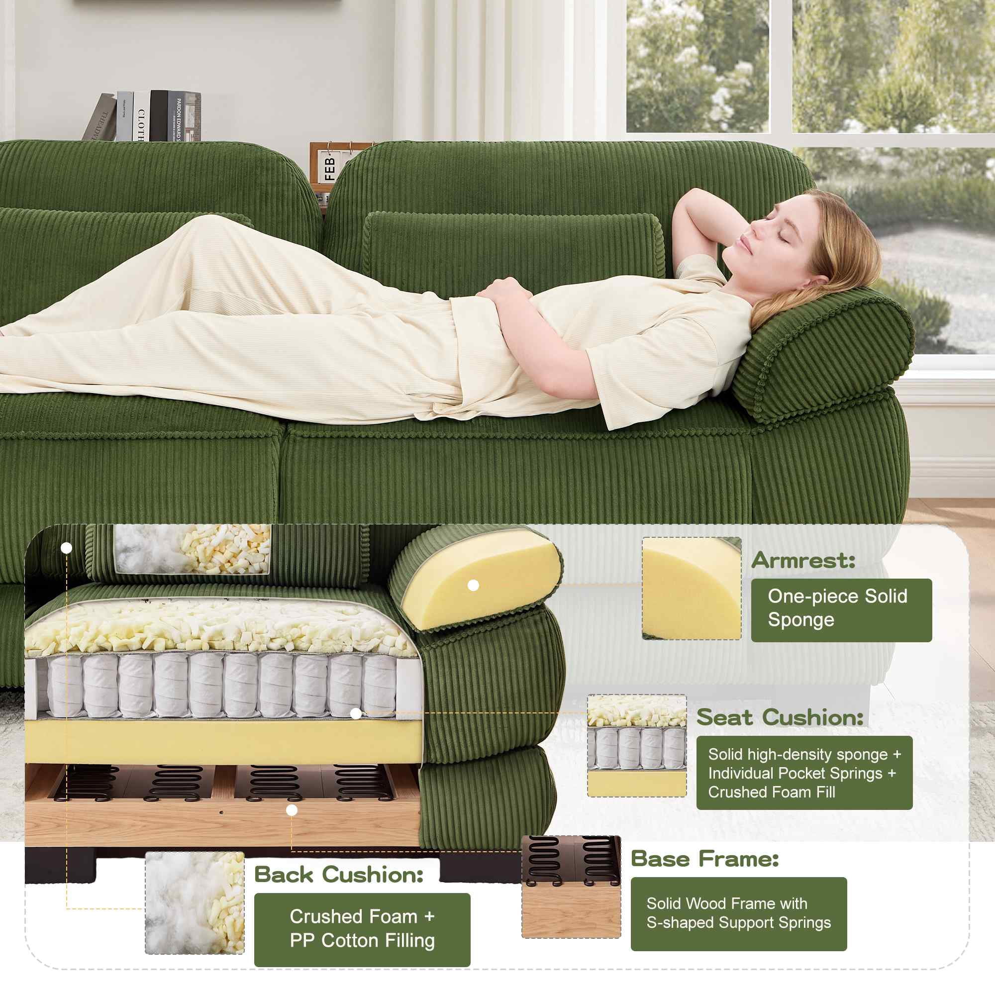 FFH 76.4" Modular Sectional Cloud Couch, Modern Corduroy Loveseat, 2 Seater Sofa for Living Room, Green