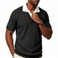 thumbnail image 4 of SAWOBUUN Men's Striped Textured Knit Shirt V Neck Casual Shirt Short Sleeve Contrast Collar Pullover Top Breathable Summer Golf Tee, 4 of 7