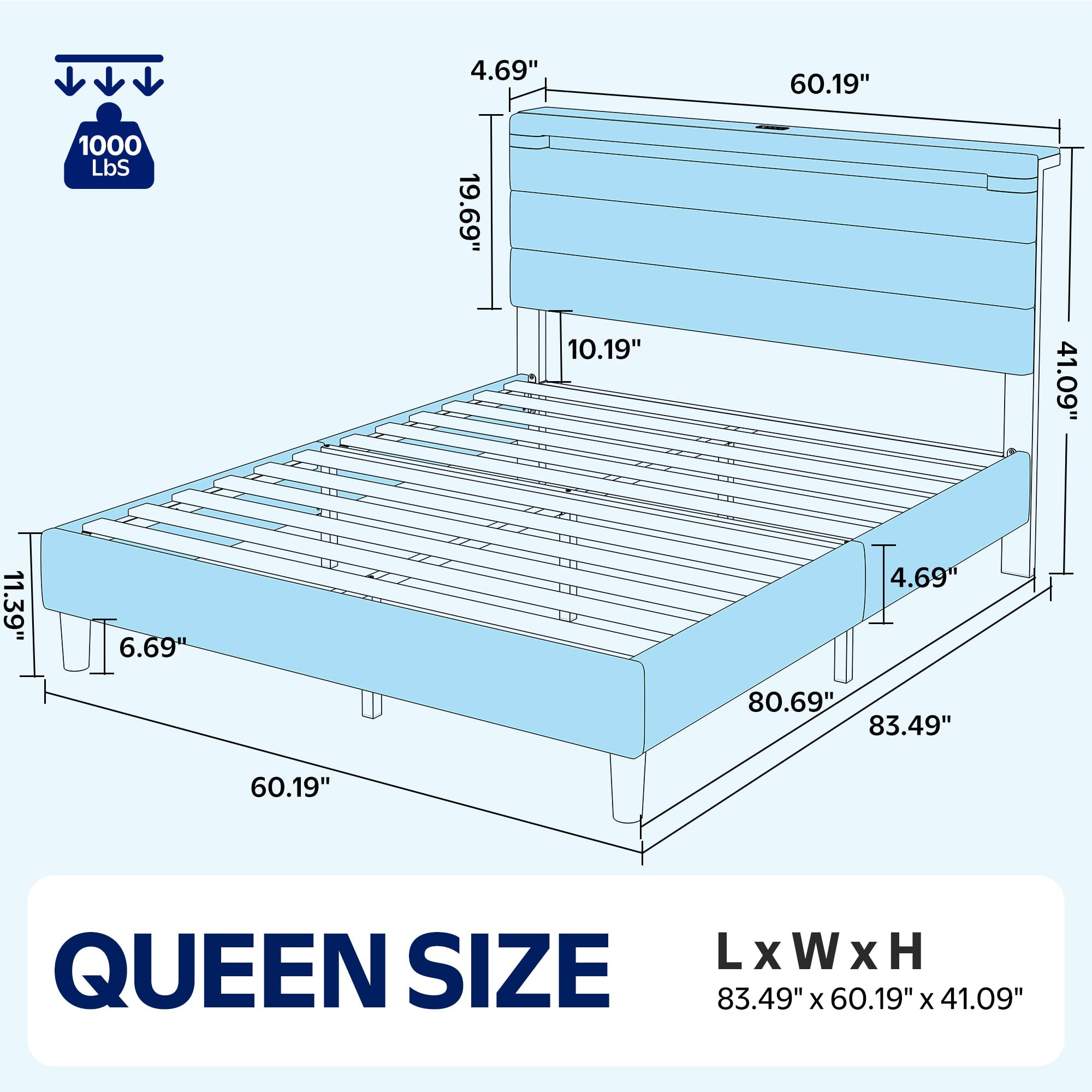 Greenstell Queen Size Bed Frame with Upholstered Storage Headboard and LED Light, Bed Platform with Charging Station, USB Ports, Under-bed Storage, White