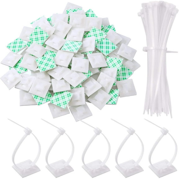 100 Pack Cable Tie Adhesive Mounts with Multi-Purpose Cable Tie, White