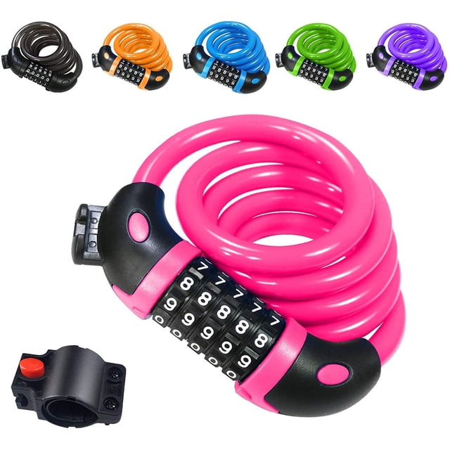 Bicycle Lock ,120cm / 12mm Cable Lock Security Level Very High with 5-Digit Number Code Combination Lock Bicycle Holder Bicycle Lock Numbers for Bicycle Tricycle Scooter Bike Lock Pink