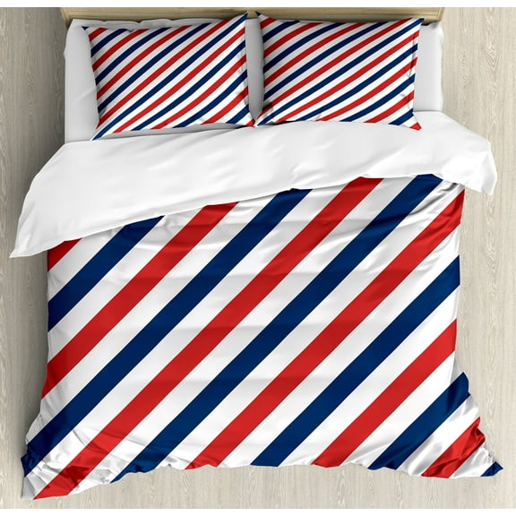 Harbour Stripe Duvet Cover Set, Vintage Barber Pole Helix of Colored Stripes Medieval Contrast Design, Decorative 3 Piece Bedding Set with 2 Pillow Shams, Calking Size, Blue Red White, by Ambesonne