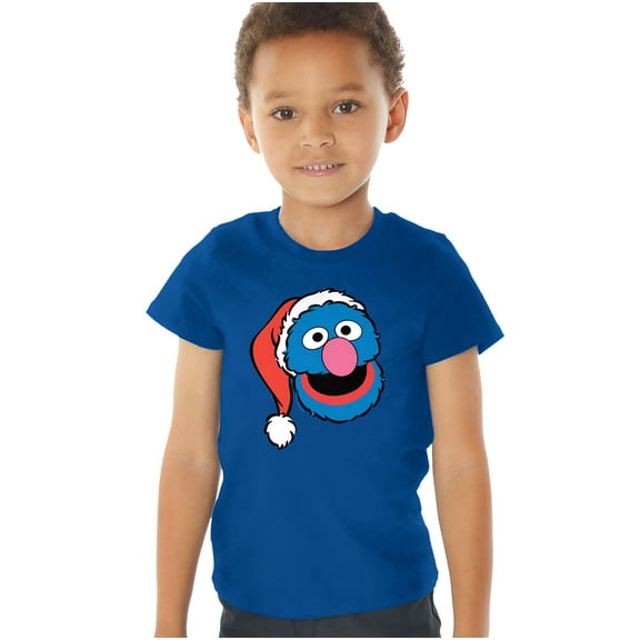 Sesame Street Christmas Santa Hat Grover Face Kids T Shirt (4) for Toddler Boys and Girls, Royal