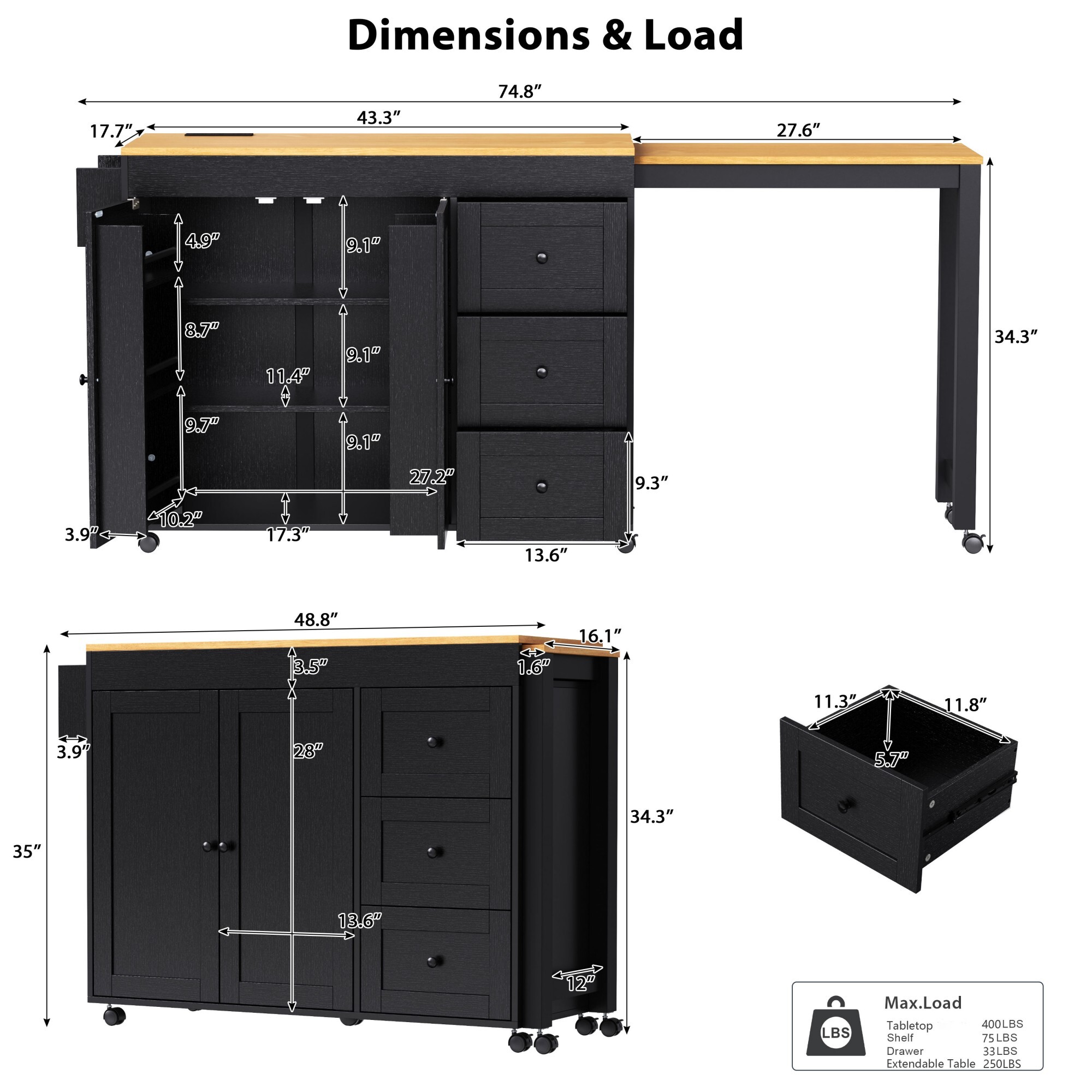 DEALTOPS 74.8" Rolling Kitchen Island Cart with Charging Station and Sliding Extendable Table, Black