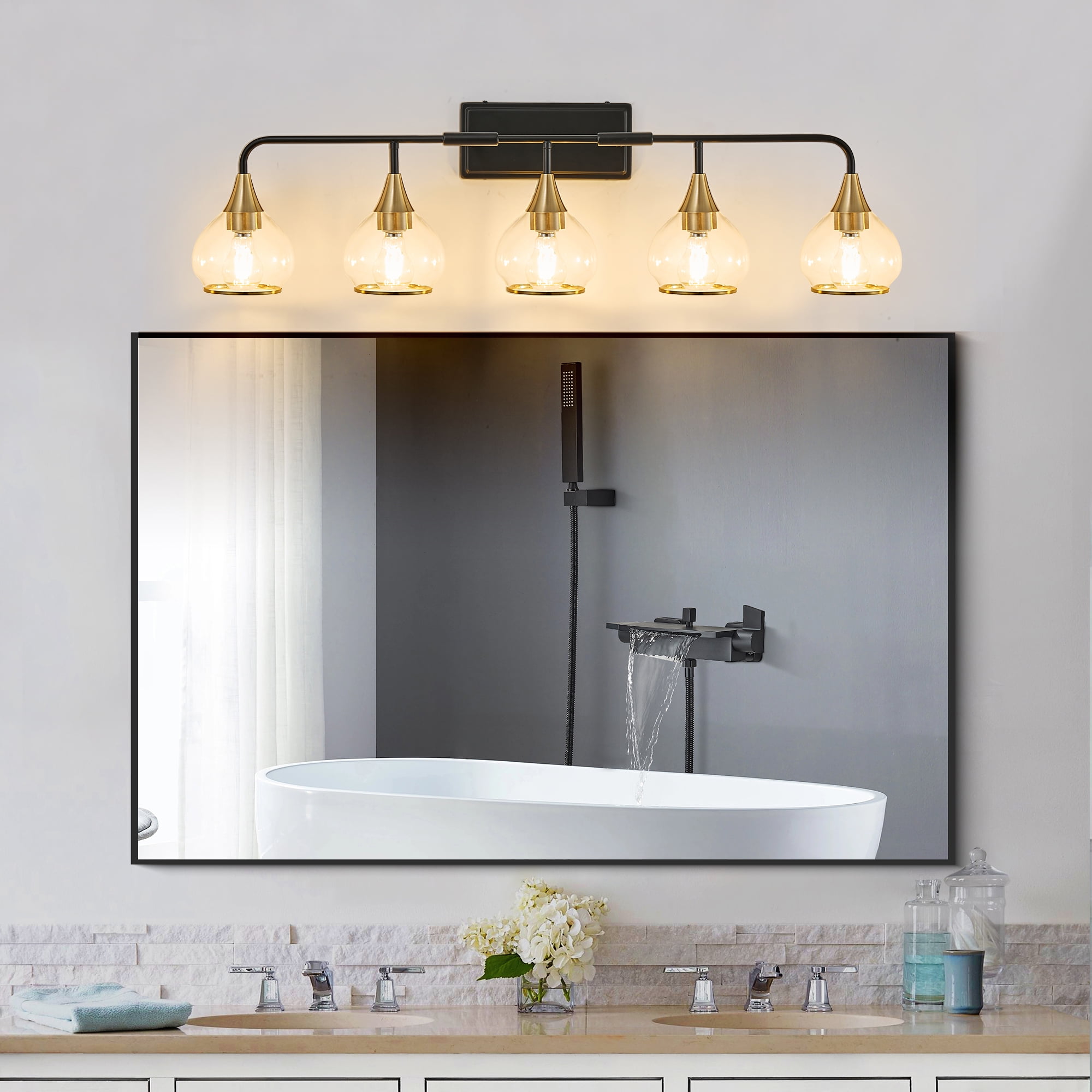 Matte Black and Gold bathroom 5 Light Bulbs Fixtures over mirror for Ceiling for House Toilet, bathroom and bedroom vanity