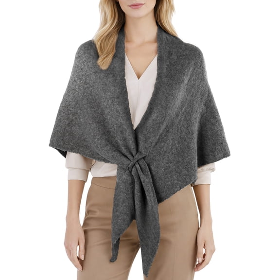 Women's Dark Grey Knitted Wool Blend Triangle Shawl, Soft Warm Fashionable Poncho Wrap, in Winter Scarf, Elegant Versatile Comfort