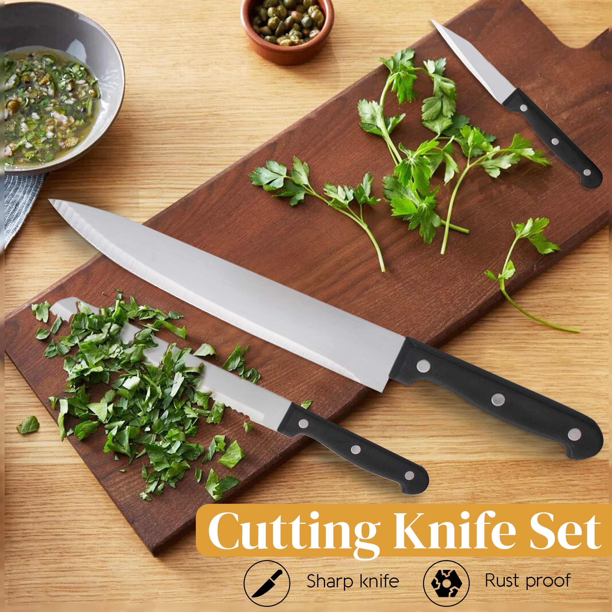 Alpine Cuisine Stainless Steel Cutlery Set 13-Piece, Durable & Rust Resistant, Sharp Blade Cutting Knife Set, Grip Black Handles & Wood Holder, Lightweight & Strong, Multipurpose Use