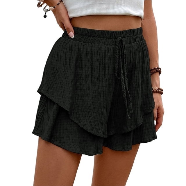 Pantalones cortos fluidos for mujer, falda pantalón estilo bohemio con volantes y mariposas, cintura alta, tela texturizada, doble capa, Color sólido, informal