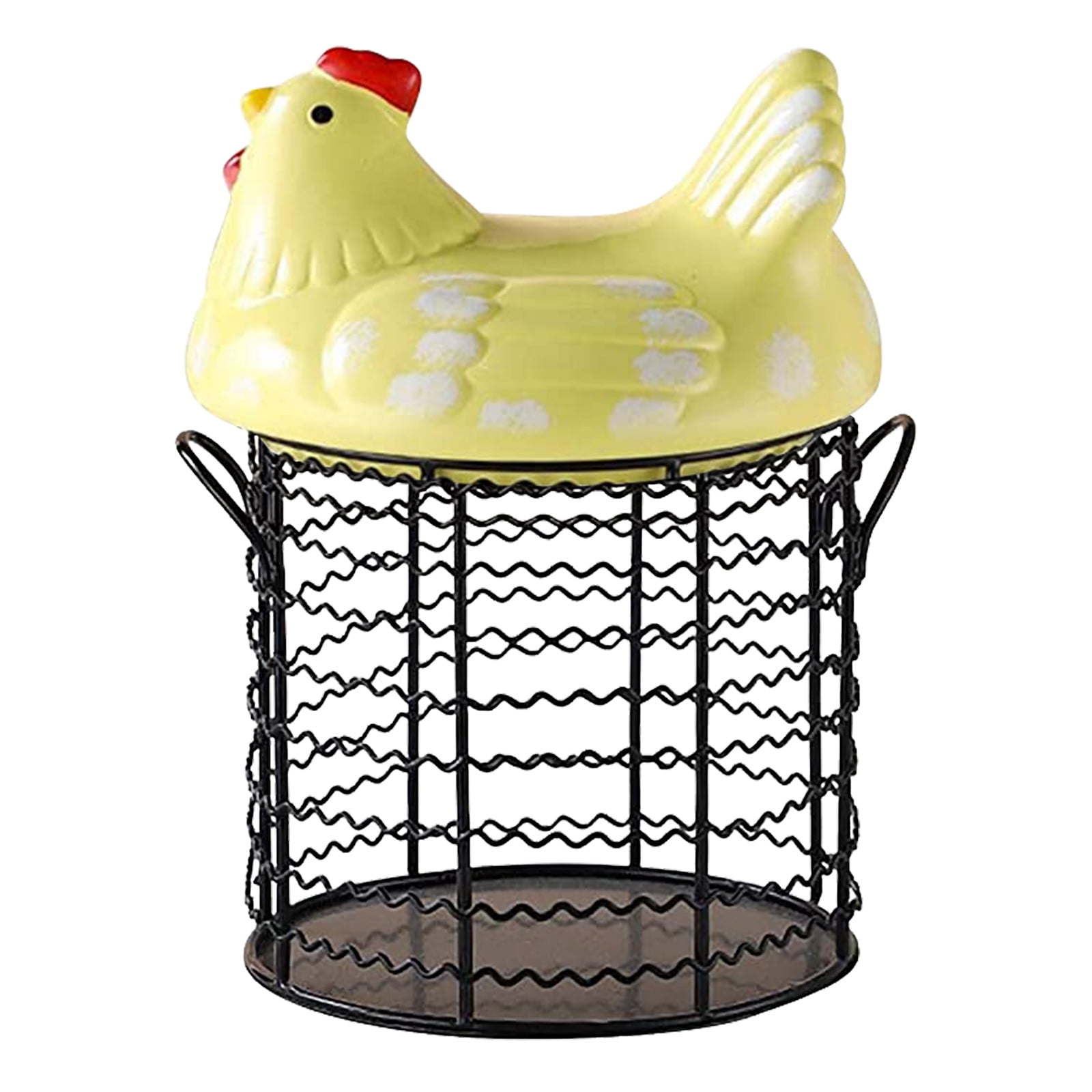 Huayishang Storage Box, Kitchen Essentials Clearance Sale Colorful Design Eggs Basket Ceramic Chicken Shaped Lid Round Wire Basket Bottom Handle Metal Wire Eggs Storage Basket With