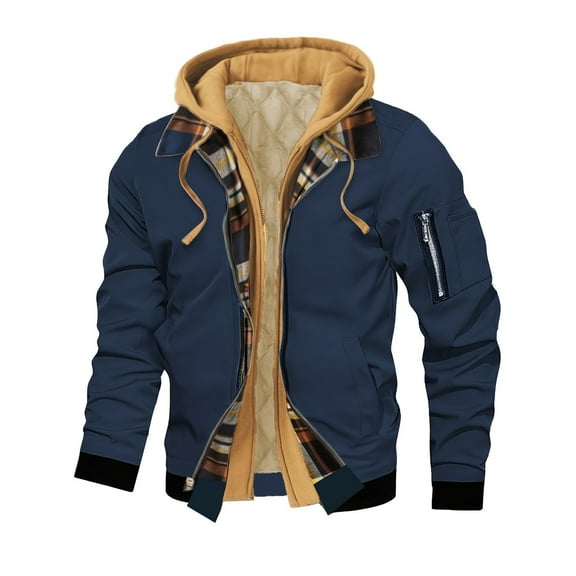 BRGZLK Mens Workwear Style Hooded Jacket Fake Two-piece Spliced Plaid Interior With Multiple Pockets For Warmth And Casual Flight Jacket Navy M