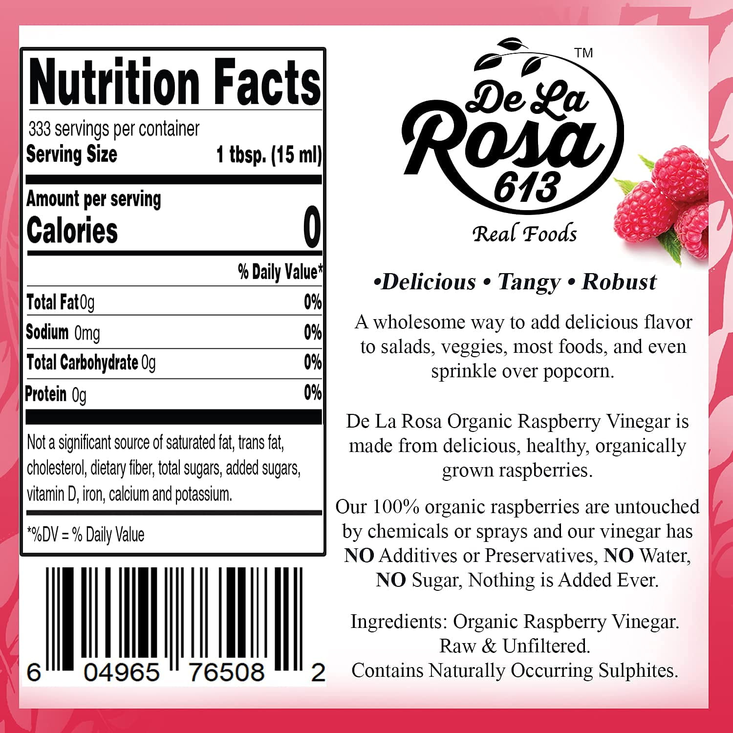 De La Rosa 613 Organic Raspberry Vinegar, Kosher for Passover, 5 Liters