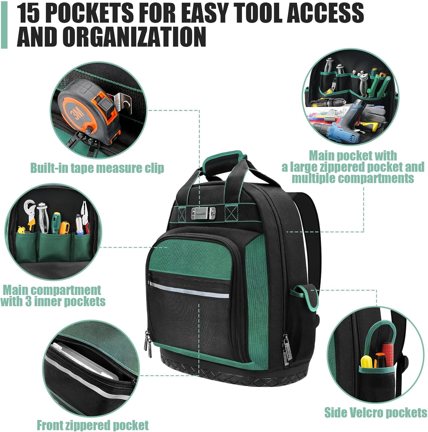 Tool Backpack Heavy Duty with Hard Bottom, Tool Backpack for Men, Electrician Bag, 15 Pockets, Waterproof Construction Backpack for HVAC, Mechanics, and Jobsite