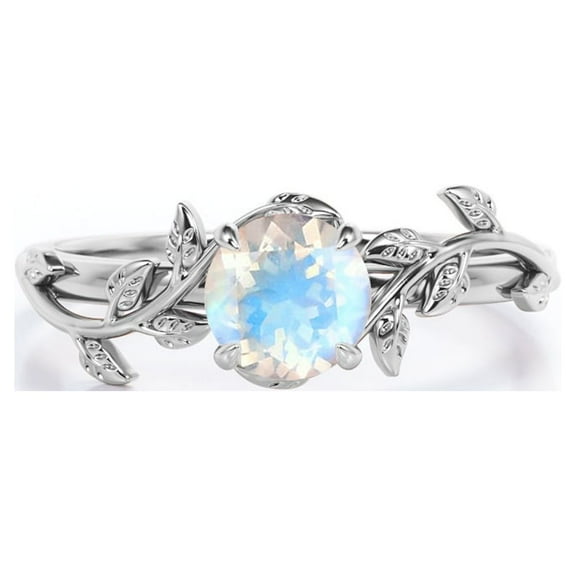 JeenMata Tree Leaves - 0.50 Carat Round Cut Rainbow Moonstone - Solitaire Engagement Ring - 18K White Gold Plating over Silver