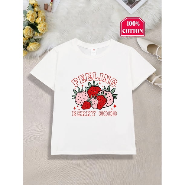Vibrant Red 100% Cotton Girls' T-Shirt with Strawberry Print - Casual, Comfy Short Sleeve Crew Neck Top - Ideal Holiday Gift for Youngsters
