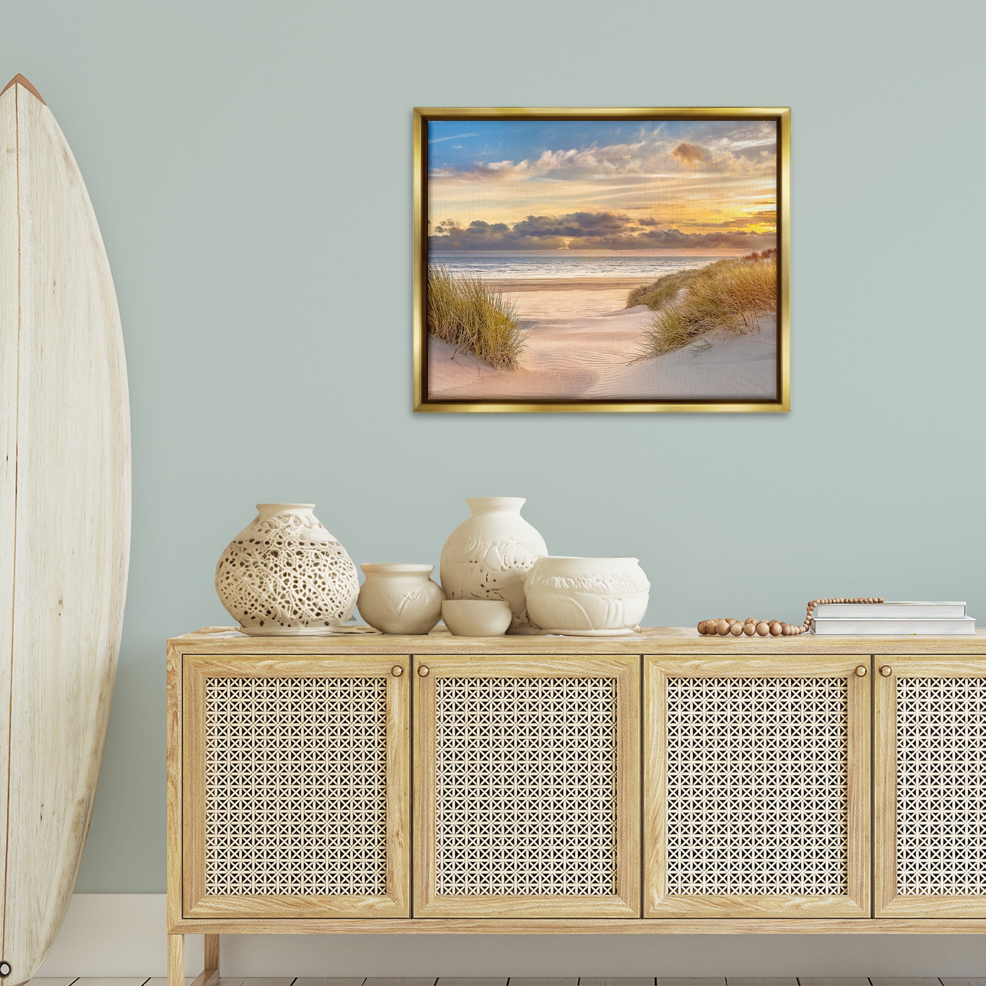Stupell Industries Serene Beach Between Dunes Landscape & Nature Photography Gold Floater Framed Canvas Art Print Wall Art, 25 x 31