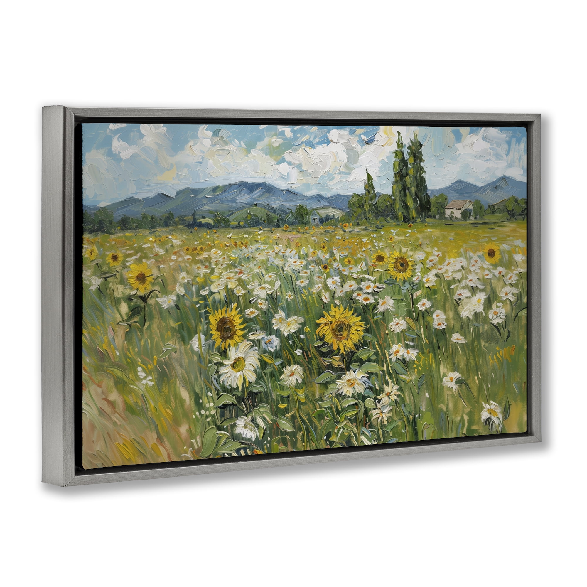 Stupell Industries Sunflower & Daisy Meadow Landscape & Nature Painting Gray Floater Framed Canvas Art Print Wall Art, 25 x 17