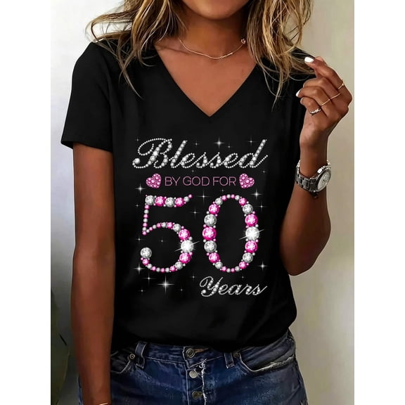 Blessed By God For 50 Years Old 50th Birthday Party B-day V Neck T-Shirt Cotton Women's V Neck Graphic Tee, Casual Short Sleeve Shirt,Vacation Outfit
