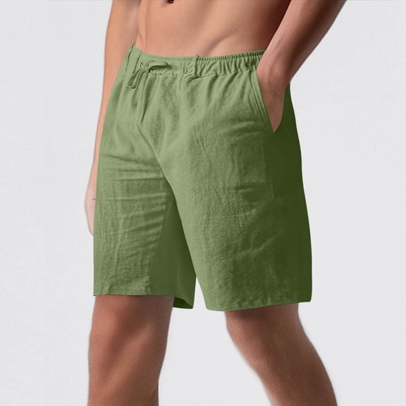 Qulqfy Mens Dress Shorts Green Summer Cotton Linen Shorts Spring Plain Elastic Waist Shorts with Pockets for Men L