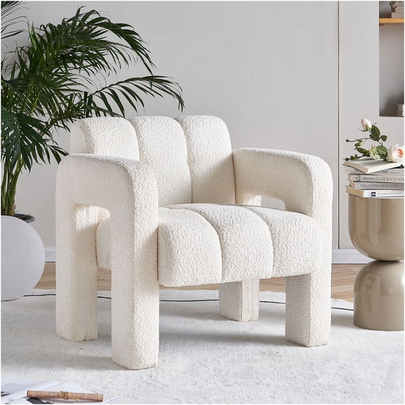 JERFIT Modern Boucle Accent Chair for Living Room, Plush Beige Upholstered Lounge Chair with Solid Wood Frame, Comfortable Reading Chair for Bedroom, Office