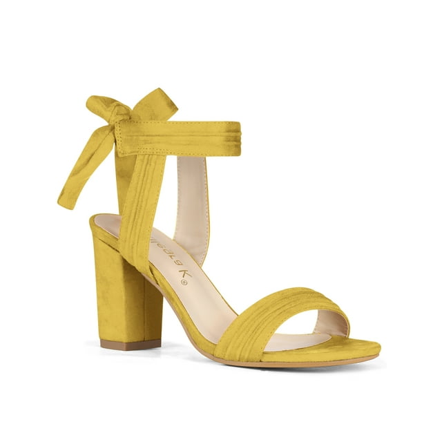 BLISSFUL STEP Sandales pour Femmes à Lacets à la Cheville, Bout Ouvert, Talons Blocs, Jaune, 9