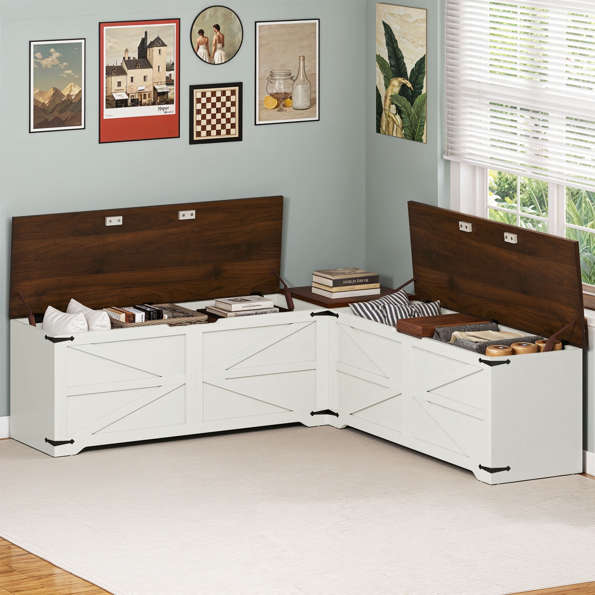 Uforic L-Shaped Nook Corner Bench with Storage,Wooden Storage Chest, Kitchen Bench Seating with Hidden Storage - White & Brown