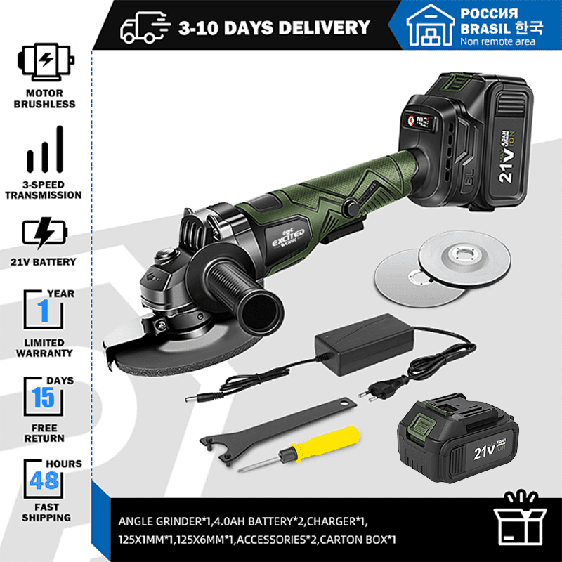 EXCITED WORK 21V 5 inch Cordless Angle Grinder, 7500rpm Brushless Electric Metal Cutting Machine with Two 4.0A Batteries and Fast Charger, 4-1/2 "Grinding Wheel for Polishing, Grinding and Cutting