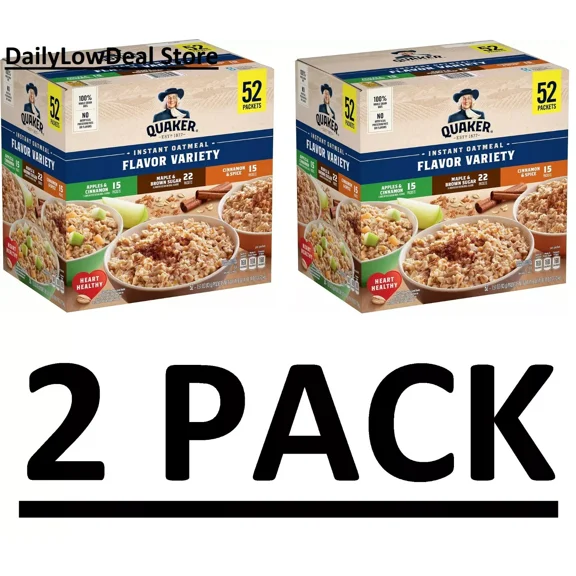 2 PACK - Quaker Lower Sugar Variety Instant Oatmeal - 52 Packets (Total 104)