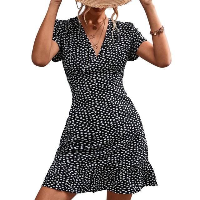 Vestido Verano Cuello En V Moda Versátil Estampado Casual Volantes Vestido Corto De Playa Fluido Punto Negro S
