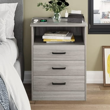 Amuzer Nightstand with Drawers, Bedside Table with Charging Station, Gray
