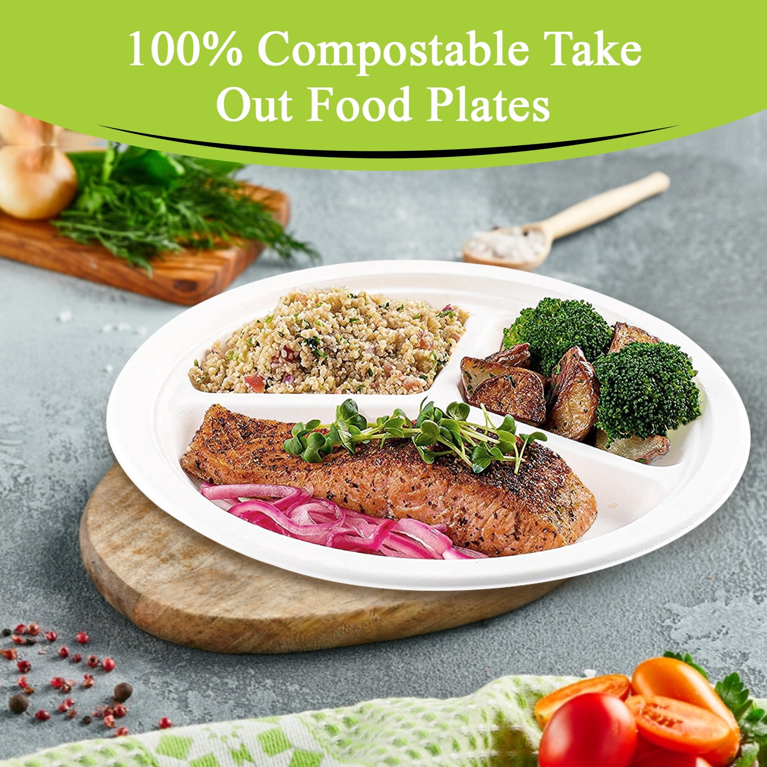Three Leaf 10” 3-Compartment Bagasse Round Disposable Plates 150 Ct Heavy-Duty Super Strong White Eco-Friendly Biodegradable Compostable Sugarcane Plates for Parties Catering BBQ and Events