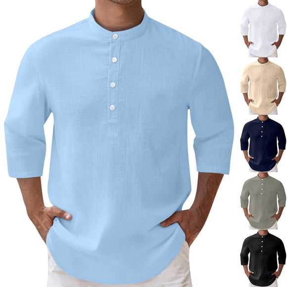 Xcmzpl Mens Linen Henley Shirts 3/4 Sleeve Casual Lightweight T-Shirt Solid Casual Dressy Business Work Travel Blouses