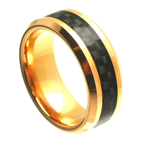 8mm Tungsten Carbide Beveled Edge Gold Plated with Black Carbon Fiber Inlay Wedding Band Ring For Men or Ladies