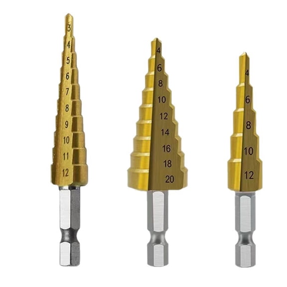 3-pack of 1/4-inch hex shank quick-change high-speed steel-titanium alloy step drill bits, short drill bits, suitable for drilling and cutting thin plates, multi-size step-tapered drill bits.