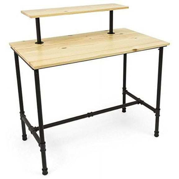 Displays2go, Large Pipe Display Table, Metal and Pine Wood Construction – Natural Finish, Black Hardware (PPLNNSTLRG)