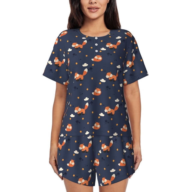 Balery Cartoon Fox Conjunto de Pijama para Mujer con Estampado, Dos Piezas de Manga Corta y Shorts, Ropa de Dormir Suave con Cuello Redondo y Bolsillos-Large