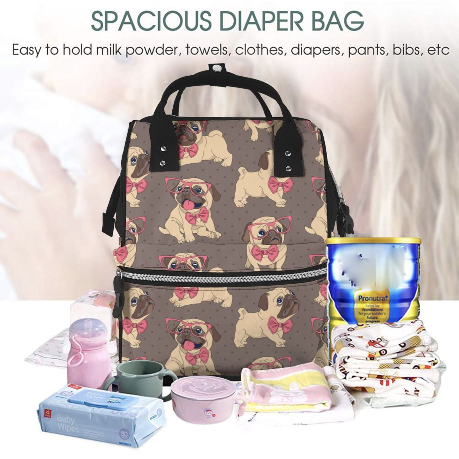 Ratiio Cut Pug Mummy Backpack - Waterproof Twill Canvas, Large Capacity Diaper Bag with Multiple Pockets and Adjustable Straps