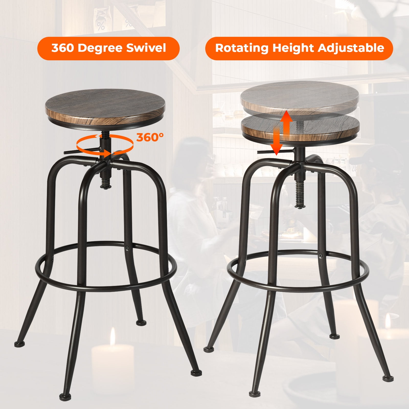 Homy Casa Swivel Bar Stools Set of 2, Adjustable Height Vintage for Home Kitchen Island, Walnut