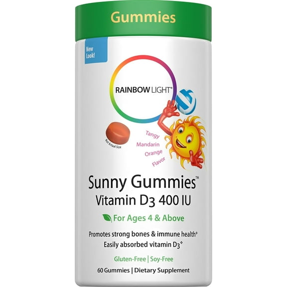 Sunny Gummies Vitamin D3 400 IU | Tangy Tangerine Flavor | 60 Gummy Drops | by Rainbow Light