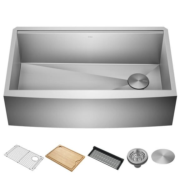KRAUS Kore 33" Farmhouse Workstation 16 Gauge Single Bowl Stainless Steel Kitchen Sink with Accessories