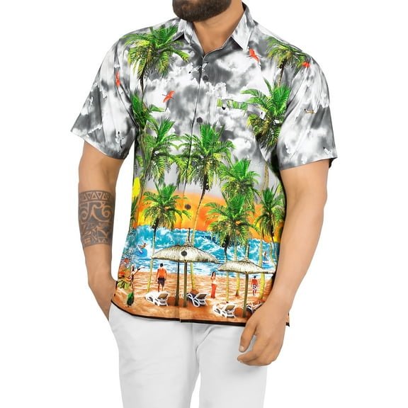 HAPPY BAY Men's Hawaiian Shirts Short Sleeve Button Down Shirt Men's Party Shirts Casual Vacation Summer Tropical Island Shirts for Men Funny M Water Surfing, Grey