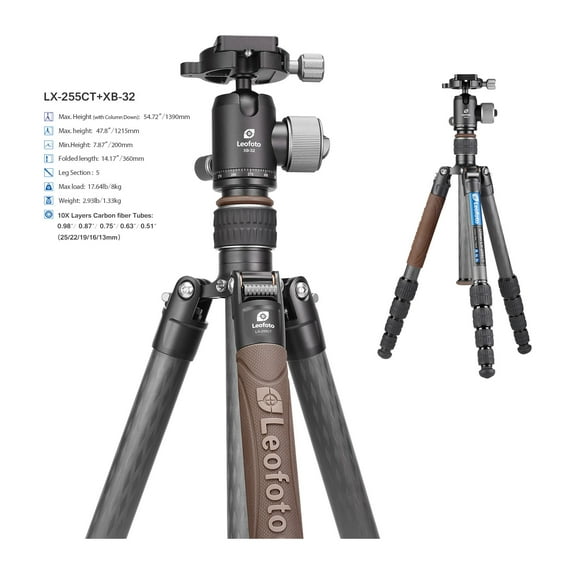 Leofoto LX-225CT/XB-32Q Reversible Travel Tripod w/ Ball Head Set, Black