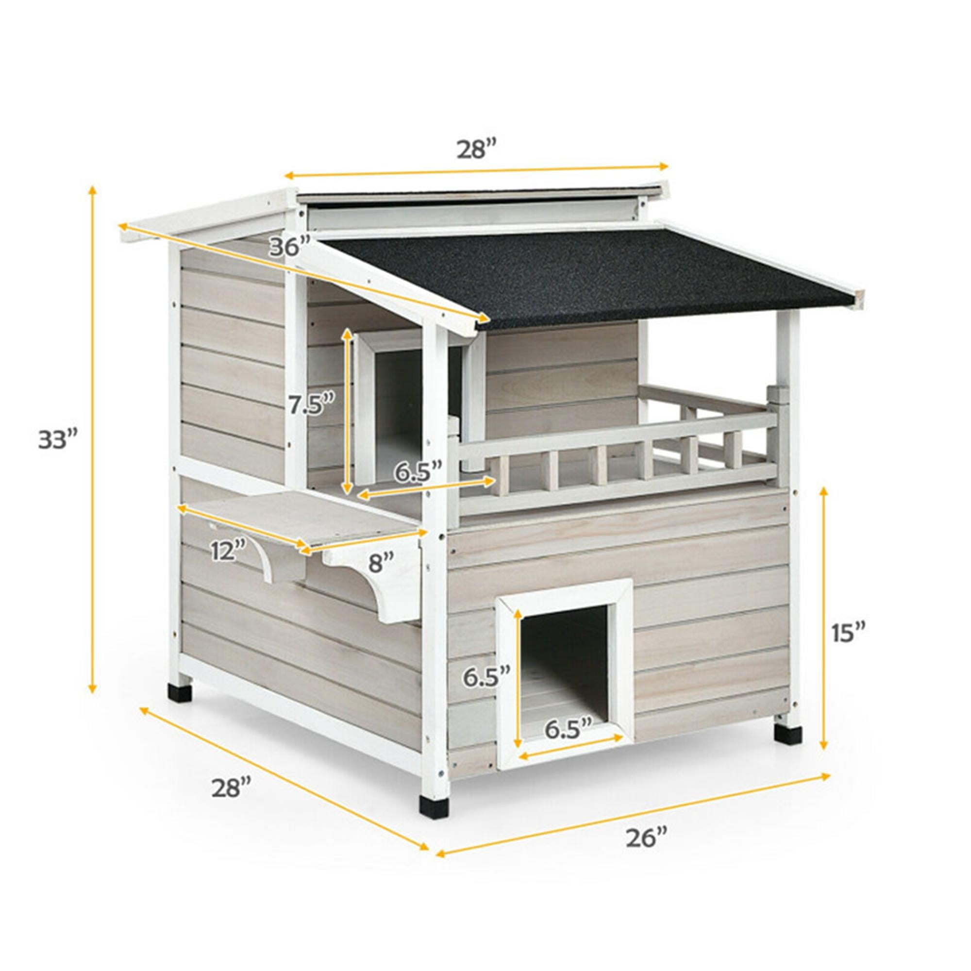 resenkos 36" Wooden Cat House with Large Balcony, Cat Condo Shelter Catio for Small Medium Cats, 2-Story Patio Cat Shelter, Gray