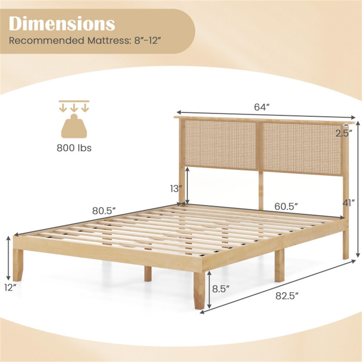 Demi Bonn Queen Size Bed Frame with Rattan Headboard, Platform Bed Frame with 12 Strong Wood Slat Support, No Box Spring Needed, Beige