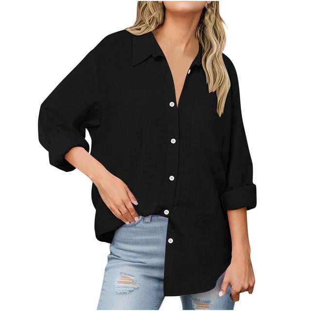 Womens Cotton Linen Button Down Shirts Boyfriend Long Sleeve Oversized Lapel Blouses Tops with Chest Pocket