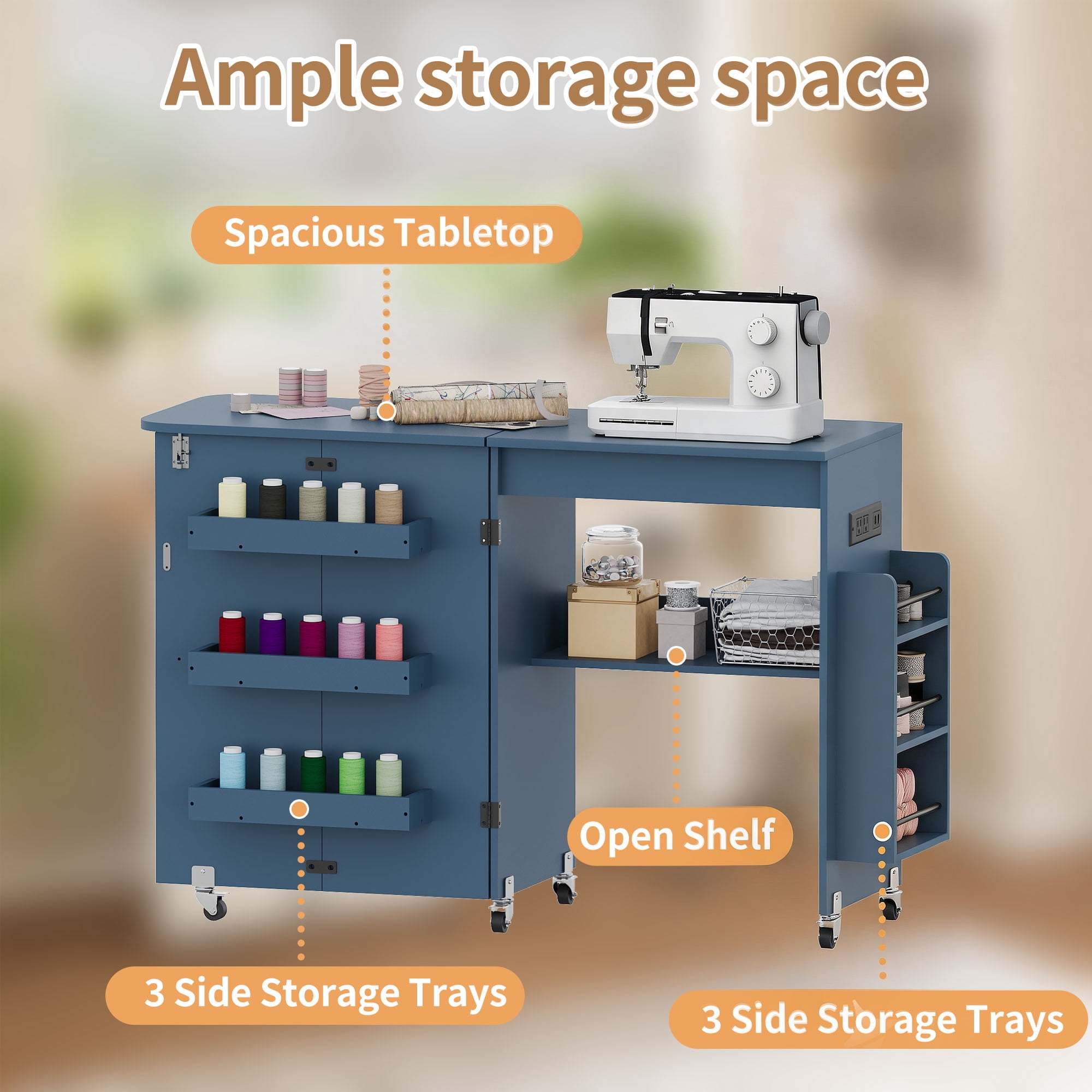 WARAYZ Foldable Space-Saving Sewing Table with Storage, Power Outlet, 6 Side Trays & Open Shelf, Lockable Wheels, Blue, 1 Count
