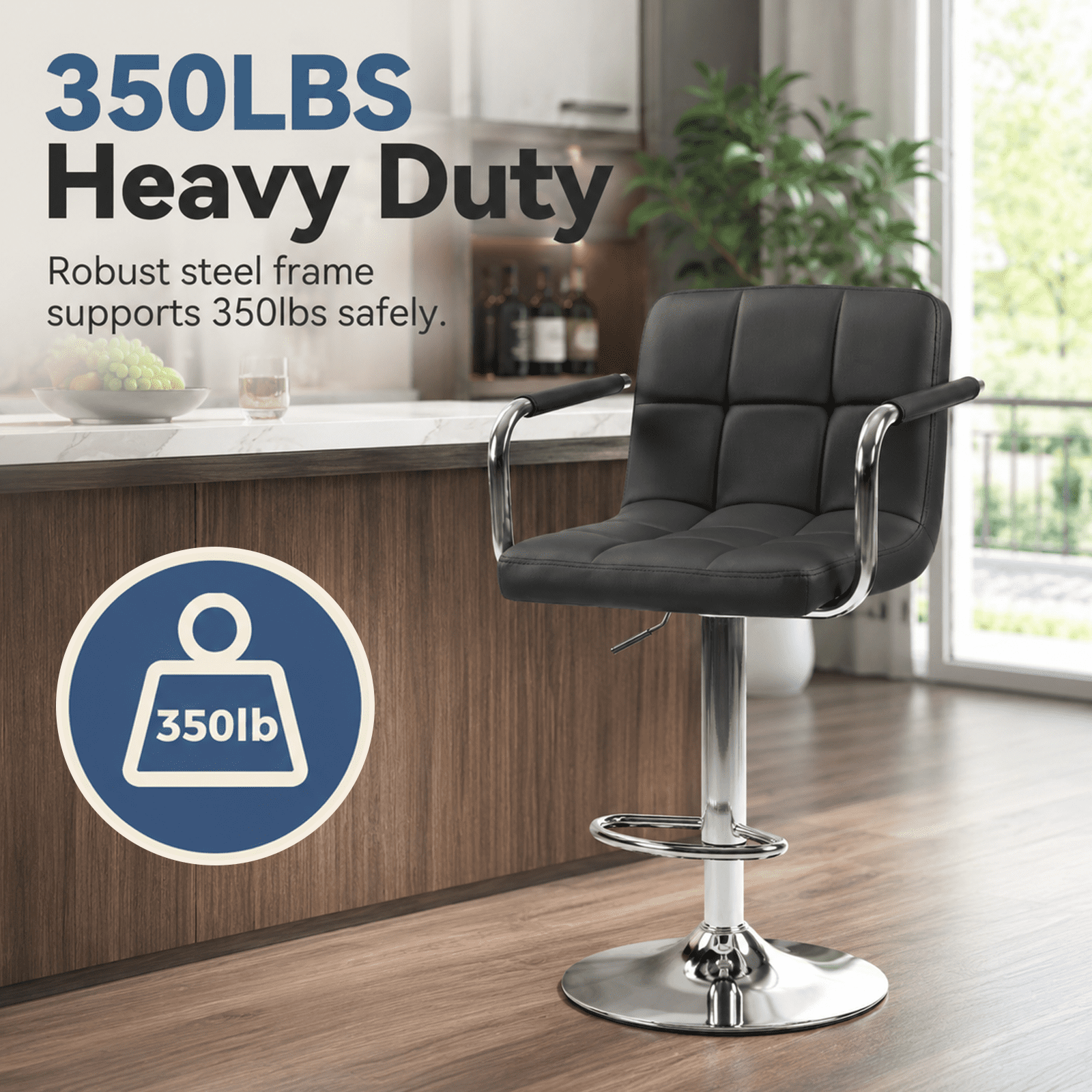 Alvantor 2-Pack Bar Stools, PU Leather Height Adjustable Swivel/ Arms Barstools, Hydraulic Kitchen Counter Height Bar Chairs, Made of Waterproof Polyurethane Leather Material