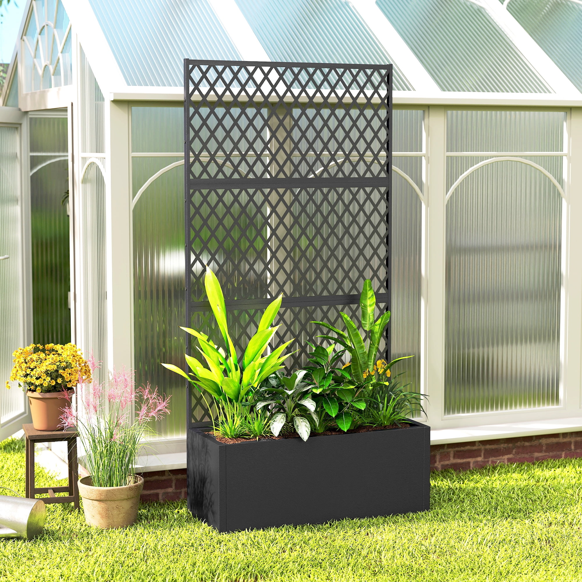Outsunny Metal Planter Box with Trellis, Raised Garden Bed with Trellis Privacy Screen for Climbing Plants, Diamond Lattice Privacy Planter