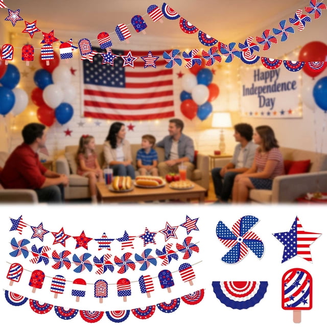 MTBLYS Guirnalda de tela con bandera patriótica para colgar|decoración para fiestas del 4 de julio|Día de la Independencia|Decoración patriótica para interiores y exteriores|ideal para repisas