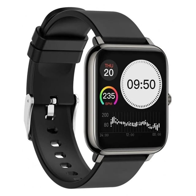 reloj inteligente fralugio p22 smart watch notificaciones de redes sociales negro lujo reloj cuadrado multitáctil de 1,7 pulgadas (240x240), correa negra de silicón y bisel metalizado; pantalla muestra hora, fecha, 235 BPM y gráfico de actividad. Soporta podómetro, conteo de calorías y distancia con monitoreo desde la app; también suele usarse para registrar sesiones deportivas breves.