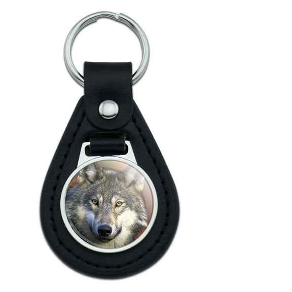 Gray Wolf with Fall Background Black Leather Keychain